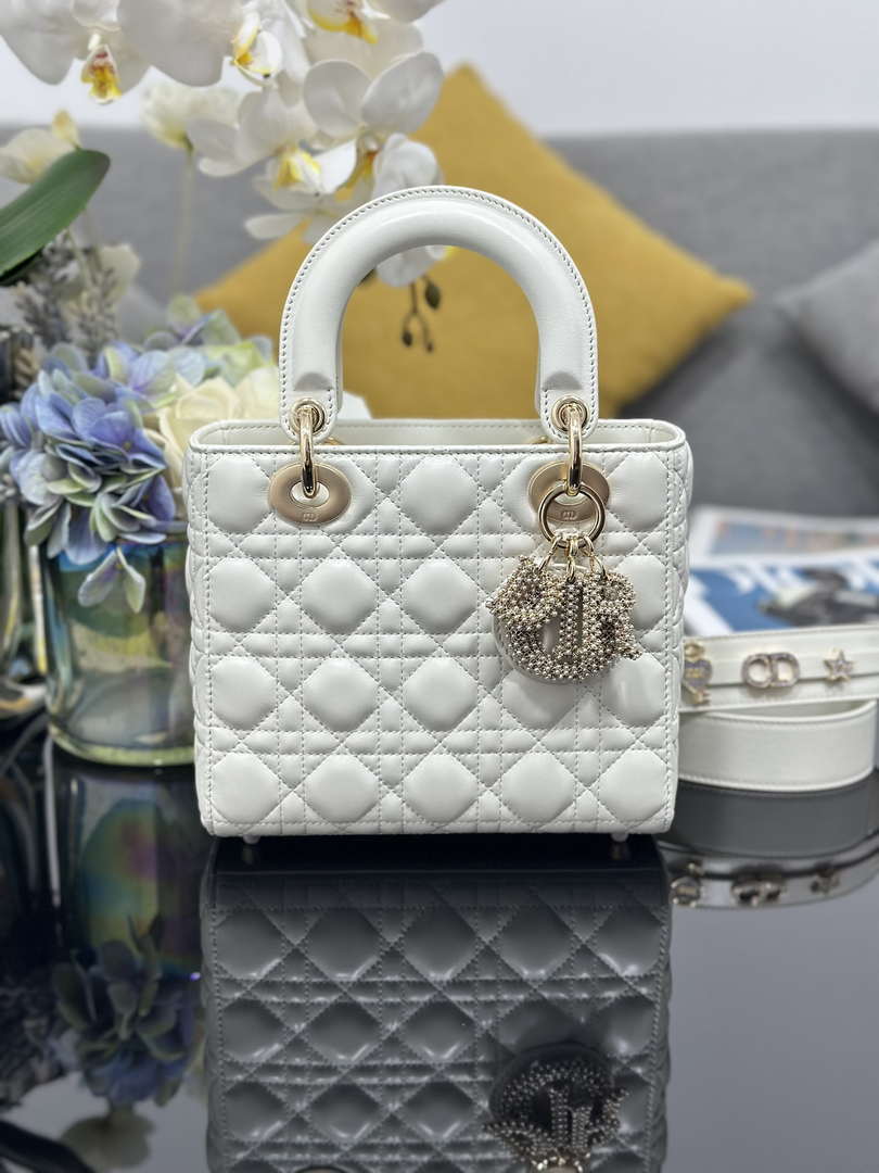 Dior M0531 Small Lady Dior Bag  White Cannage Lambskin with Gold-Finish Sun Studs - Default Title - View 1