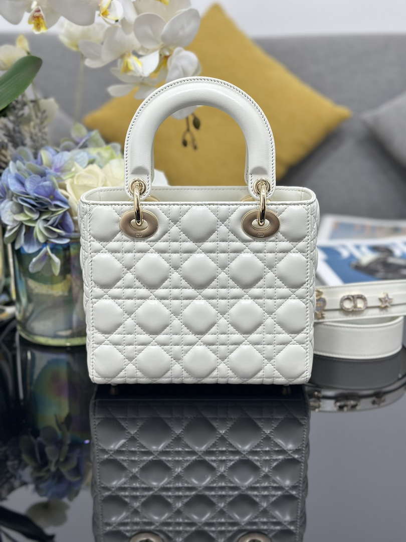 Dior M0531 Small Lady Dior Bag  White Cannage Lambskin with Gold-Finish Sun Studs