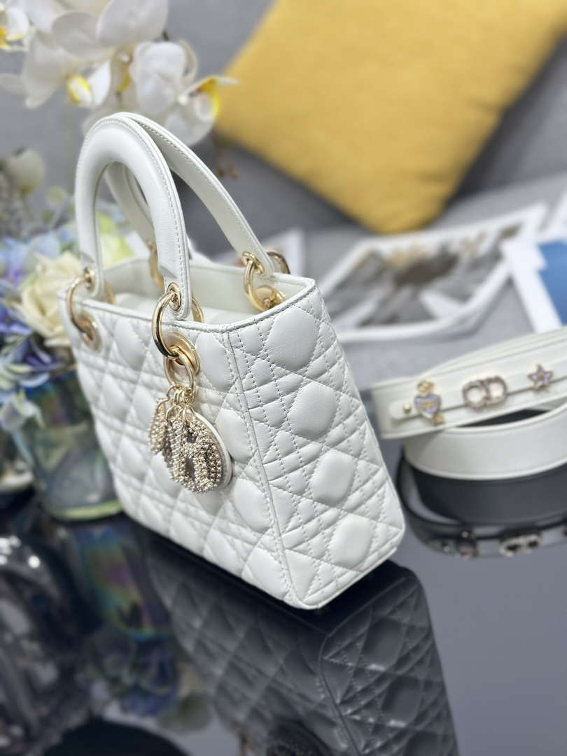 Dior M0531 Small Lady Dior Bag  White Cannage Lambskin with Gold-Finish Sun Studs - Default Title - View 3