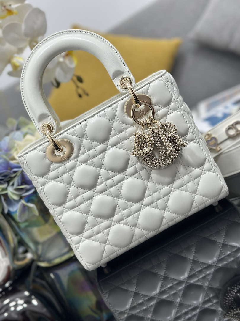 Dior M0531 Small Lady Dior Bag  White Cannage Lambskin with Gold-Finish Sun Studs