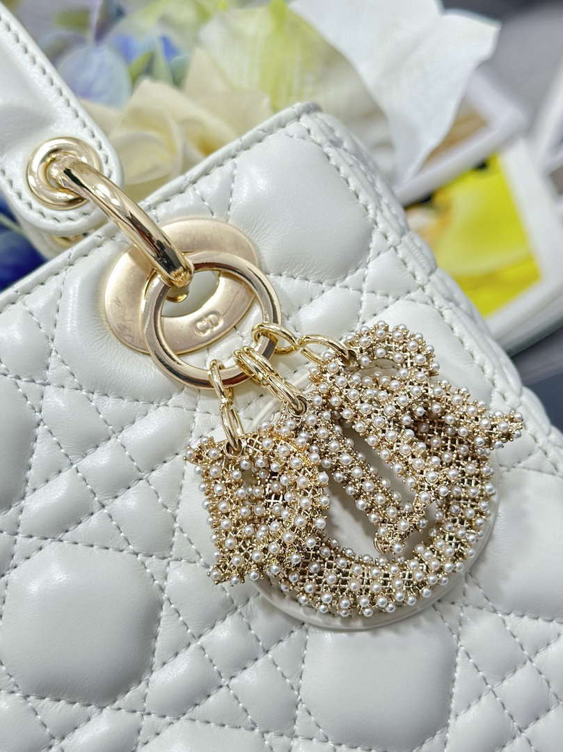Dior M0531 Small Lady Dior Bag  White Cannage Lambskin with Gold-Finish Sun Studs