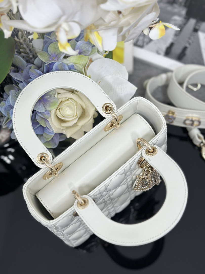 Dior M0531 Small Lady Dior Bag  White Cannage Lambskin with Gold-Finish Sun Studs