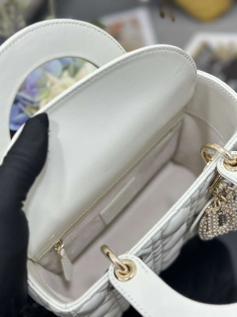 Dior M0531 Small Lady Dior Bag  White Cannage Lambskin with Gold-Finish Sun Studs