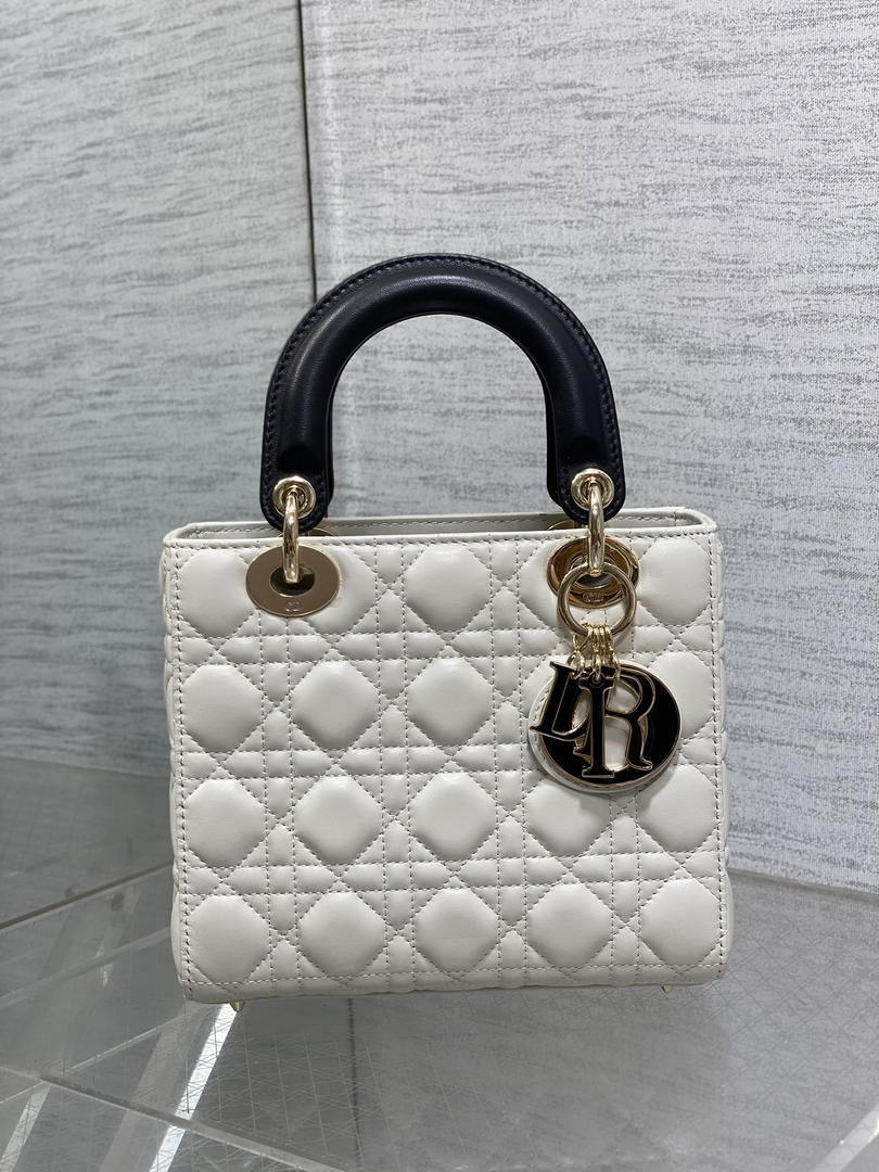 Dior M0531OUQA_M030 Small Lady Dior Bag with thin shoulder Strap Latte Cannage Lambskin Black Handle Gold