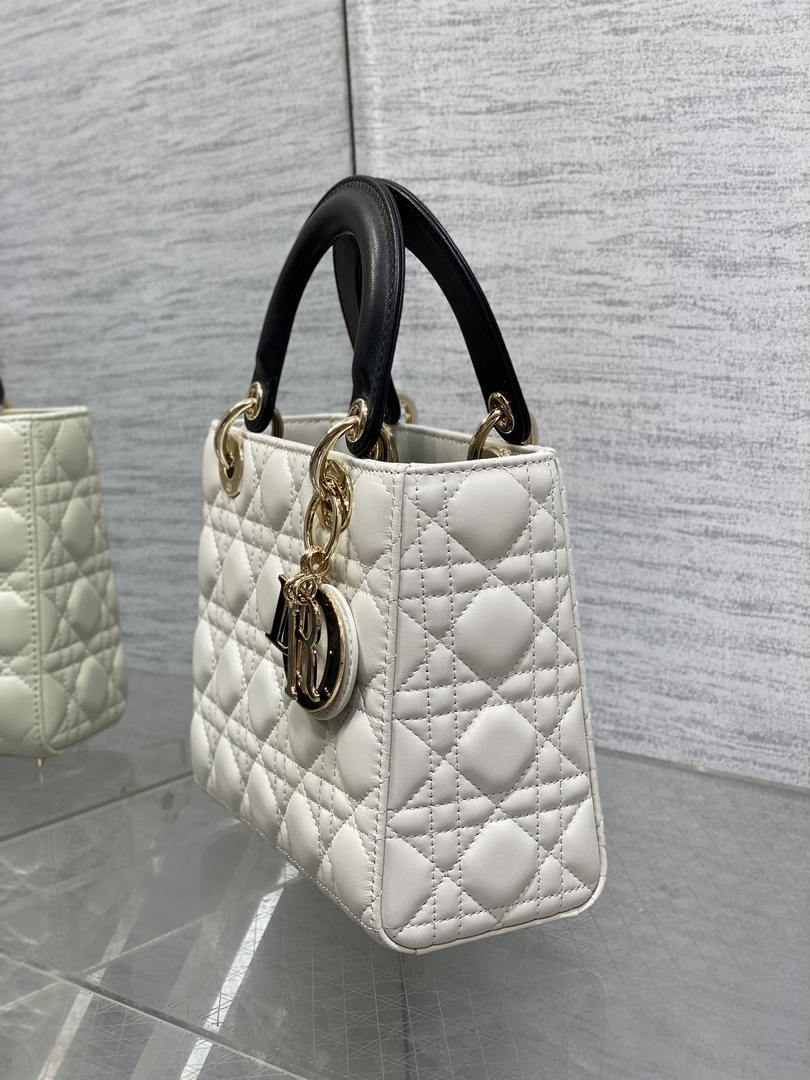 Dior M0531OUQA_M030 Small Lady Dior Bag with thin shoulder Strap Latte Cannage Lambskin Black Handle Gold