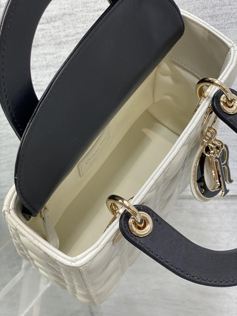 Dior M0531OUQA_M030 Small Lady Dior Bag with thin shoulder Strap Latte Cannage Lambskin Black Handle Gold