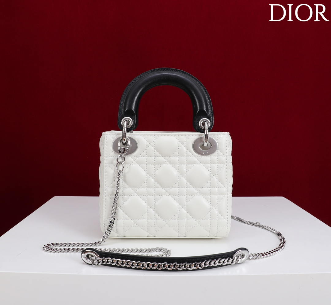 Dior M0531OUQA_M030 Small Lady Dior Bag with White Cannage Lambskin Silver Chain