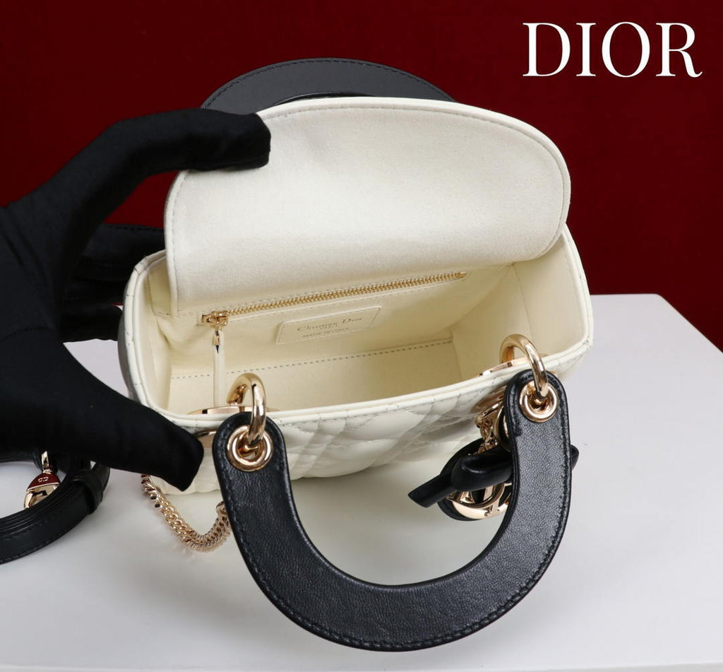 Dior M0531OUQA_M030 Small Lady Dior Bag with White Cannage Lambskin Gold Chain