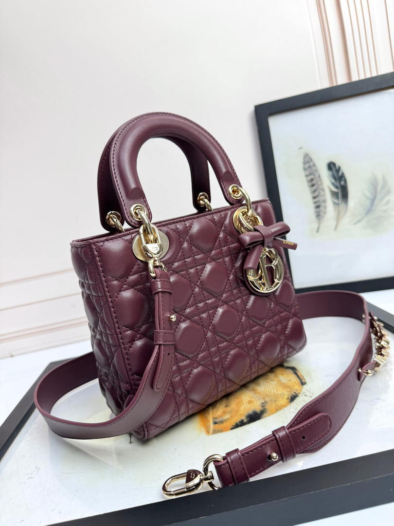 Dior M0531OUQA_M030 Small Lady Dior Bag with Wine Red Cannage Lambskin