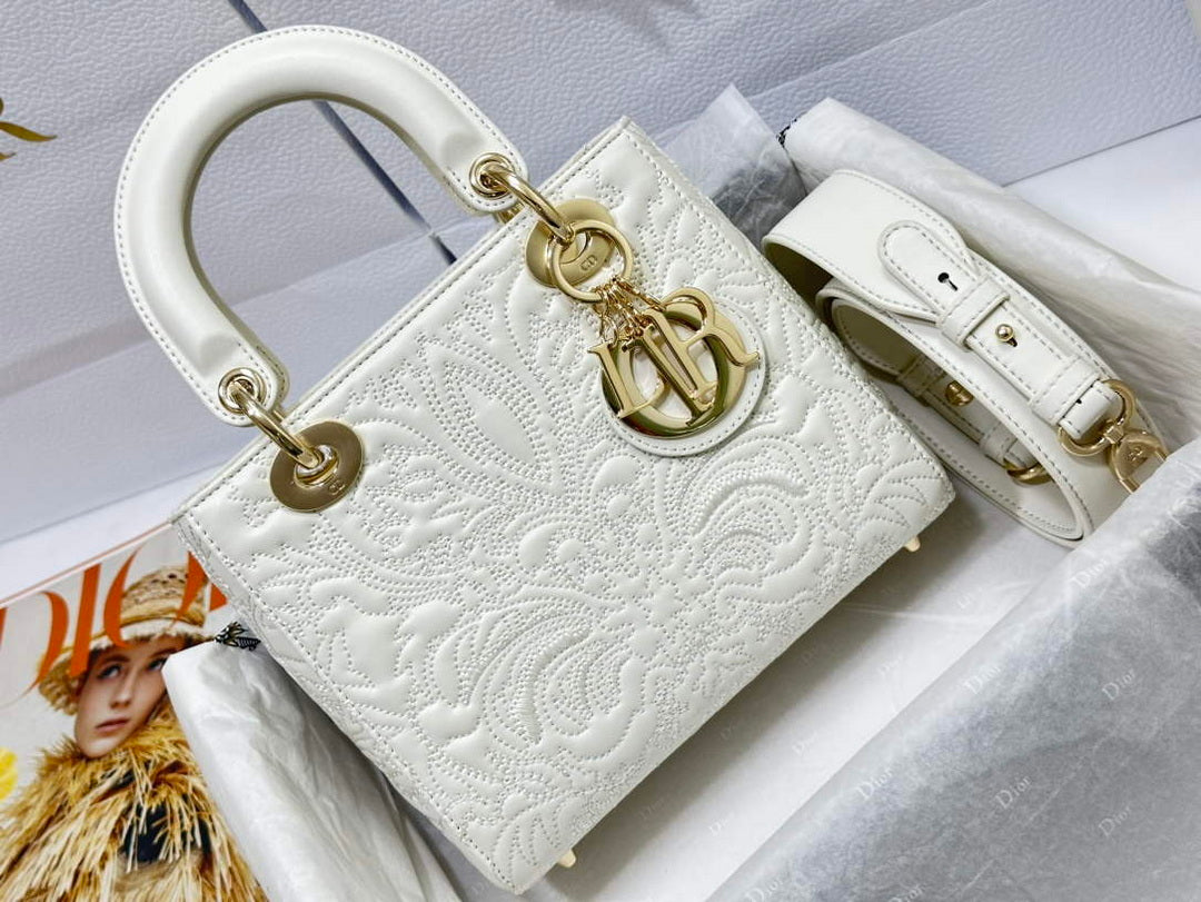 Dior M0538 Small Lady Dior My ABCDIOR Bag Latte Quilted-Effect Lambskin White - Default Title - View 1