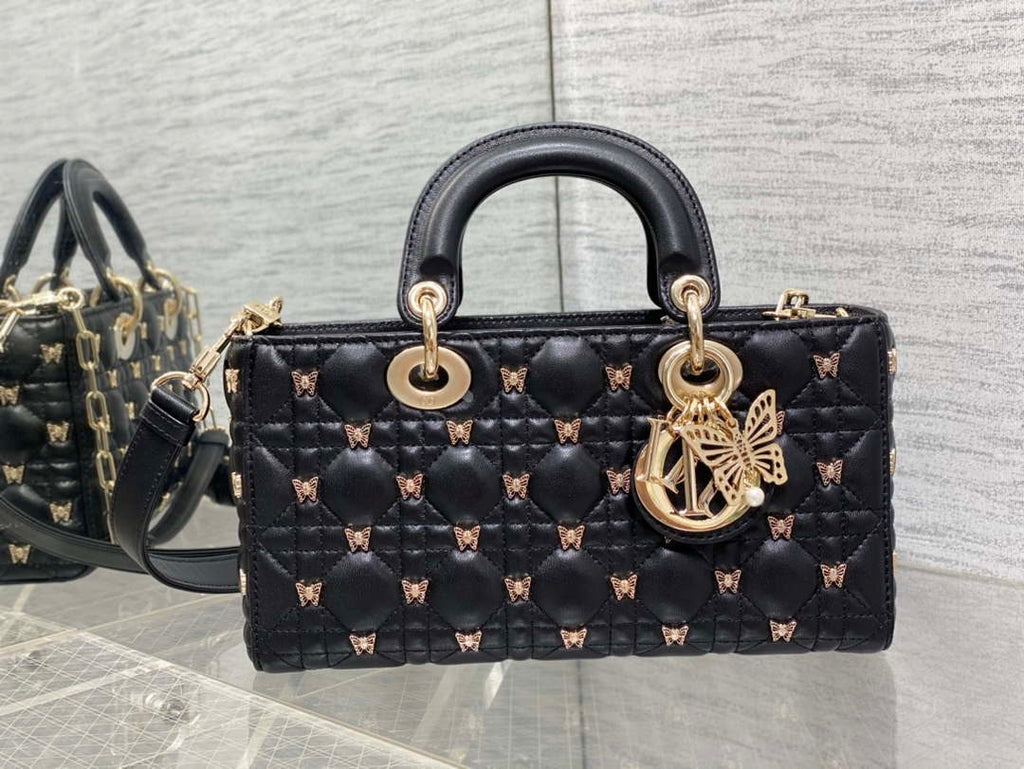 Dior M0540 Medium Lady D-Joy Bag Black Cannage Lambskin with Gold-Finish Butterfly Studs