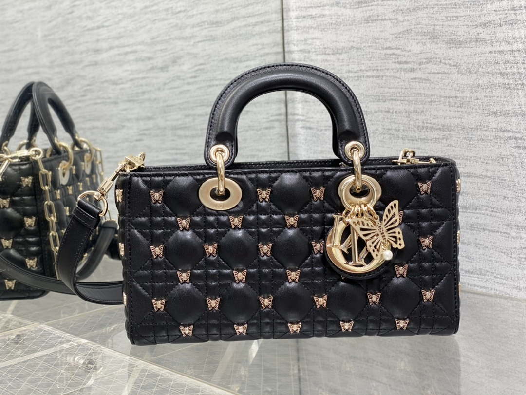 Dior M0540 Medium Lady D-Joy Bag Black Cannage Lambskin with Gold-Finish Butterfly Studs - Default Title - View 2