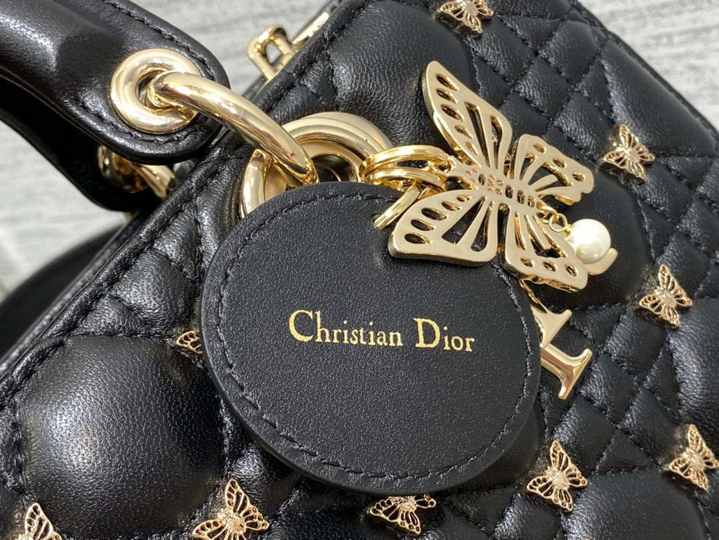 Dior M0540 Medium Lady D-Joy Bag Black Cannage Lambskin with Gold-Finish Butterfly Studs