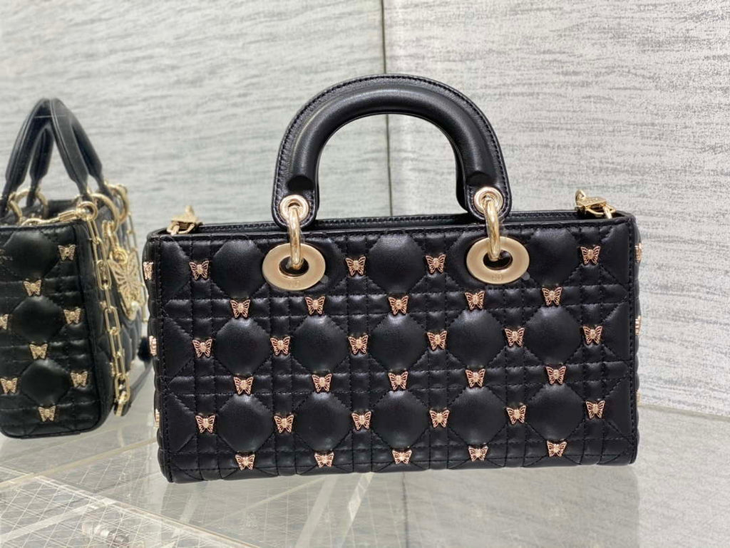 Dior M0540 Medium Lady D-Joy Bag Black Cannage Lambskin with Gold-Finish Butterfly Studs