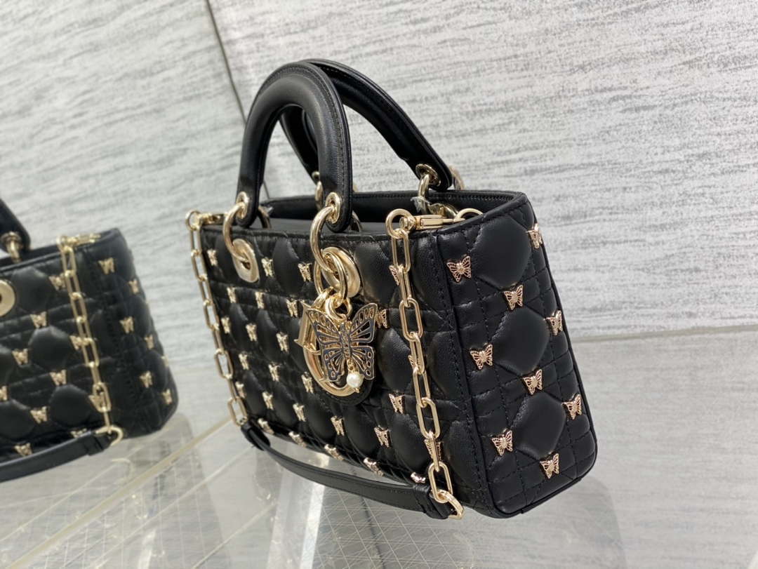 Dior M0540 Medium Lady D-Joy Bag Black Cannage Lambskin with Gold-Finish Butterfly Studs