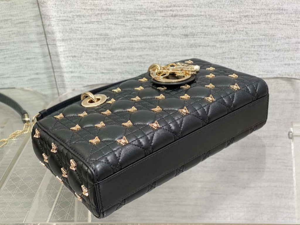 Dior M0540 Medium Lady D-Joy Bag Black Cannage Lambskin with Gold-Finish Butterfly Studs
