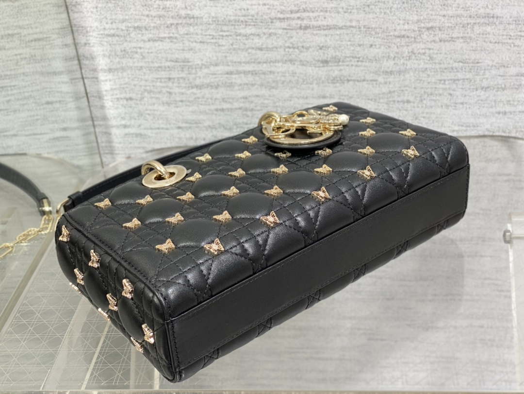 Dior M0540 Medium Lady D-Joy Bag Black Cannage Lambskin with Gold-Finish Butterfly Studs