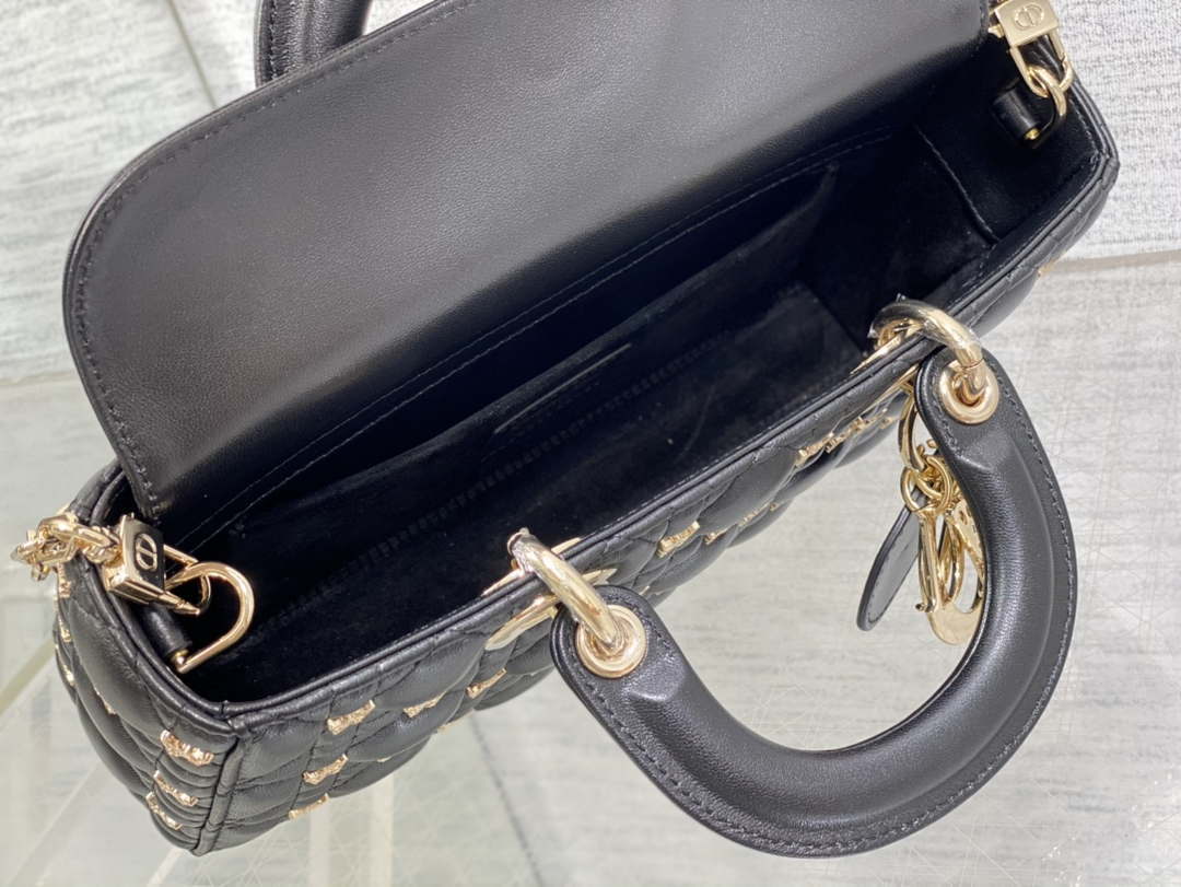 Dior M0540 Medium Lady D-Joy Bag Black Cannage Lambskin with Gold-Finish Butterfly Studs