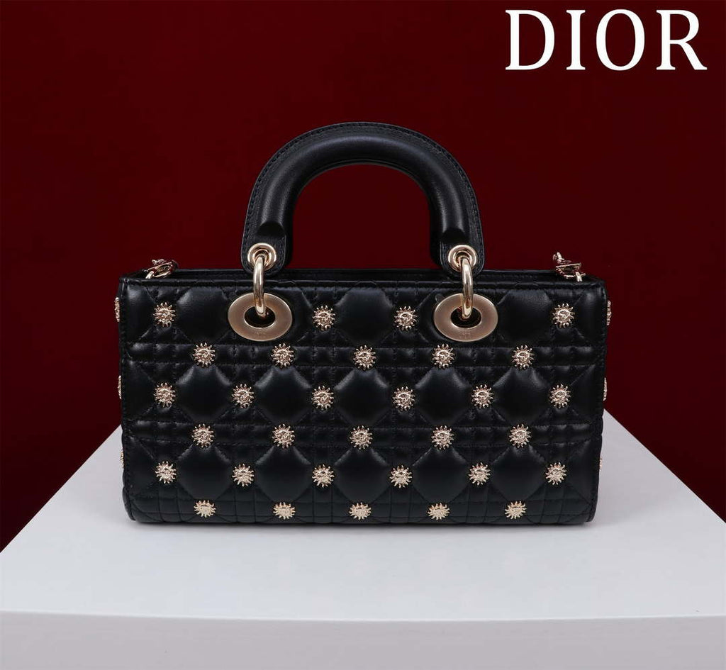 Dior M0540 Medium Lady D-Joy Bag Black Cannage Lambskin with Gold-Finish Sun Studs