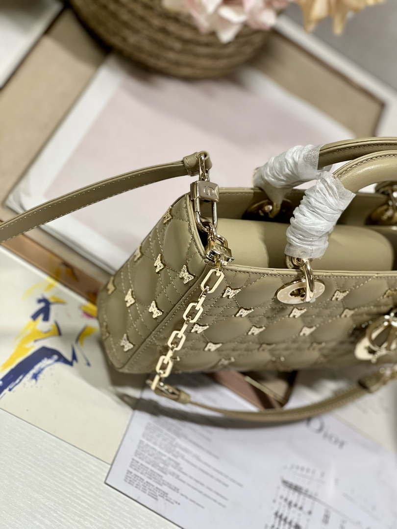 Dior M0540 Medium Lady D-Joy Bag Green Cannage Lambskin with Gold-Finish Butterfly Studs