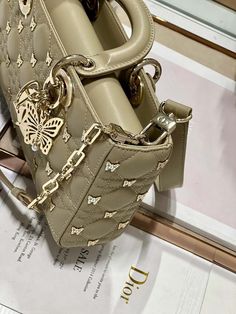Dior M0540 Medium Lady D-Joy Bag Green Cannage Lambskin with Gold-Finish Butterfly Studs