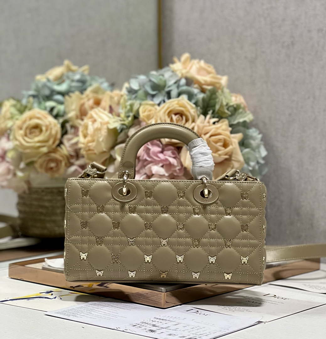 Dior M0540 Medium Lady D-Joy Bag Green Cannage Lambskin with Gold-Finish Butterfly Studs