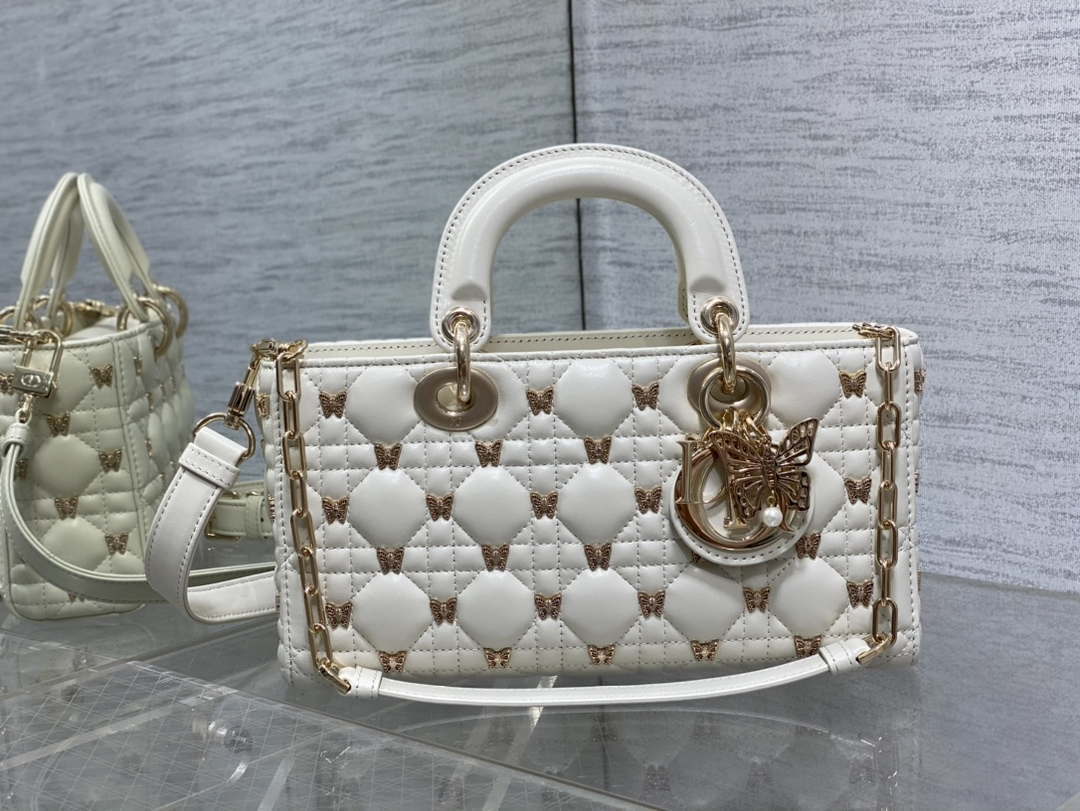 Dior M0540 Medium Lady D-Joy Bag  White Cannage Lambskin with Gold-Finish Butterfly Studs