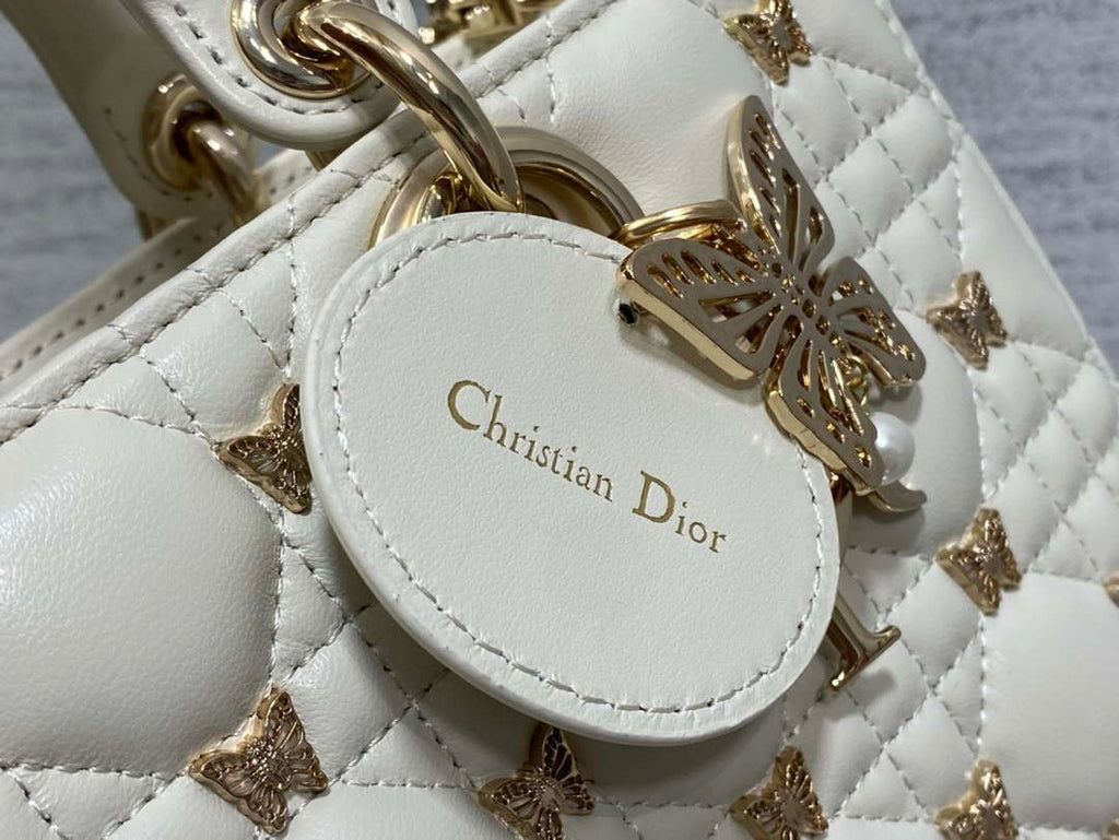 Dior M0540 Medium Lady D-Joy Bag  White Cannage Lambskin with Gold-Finish Butterfly Studs