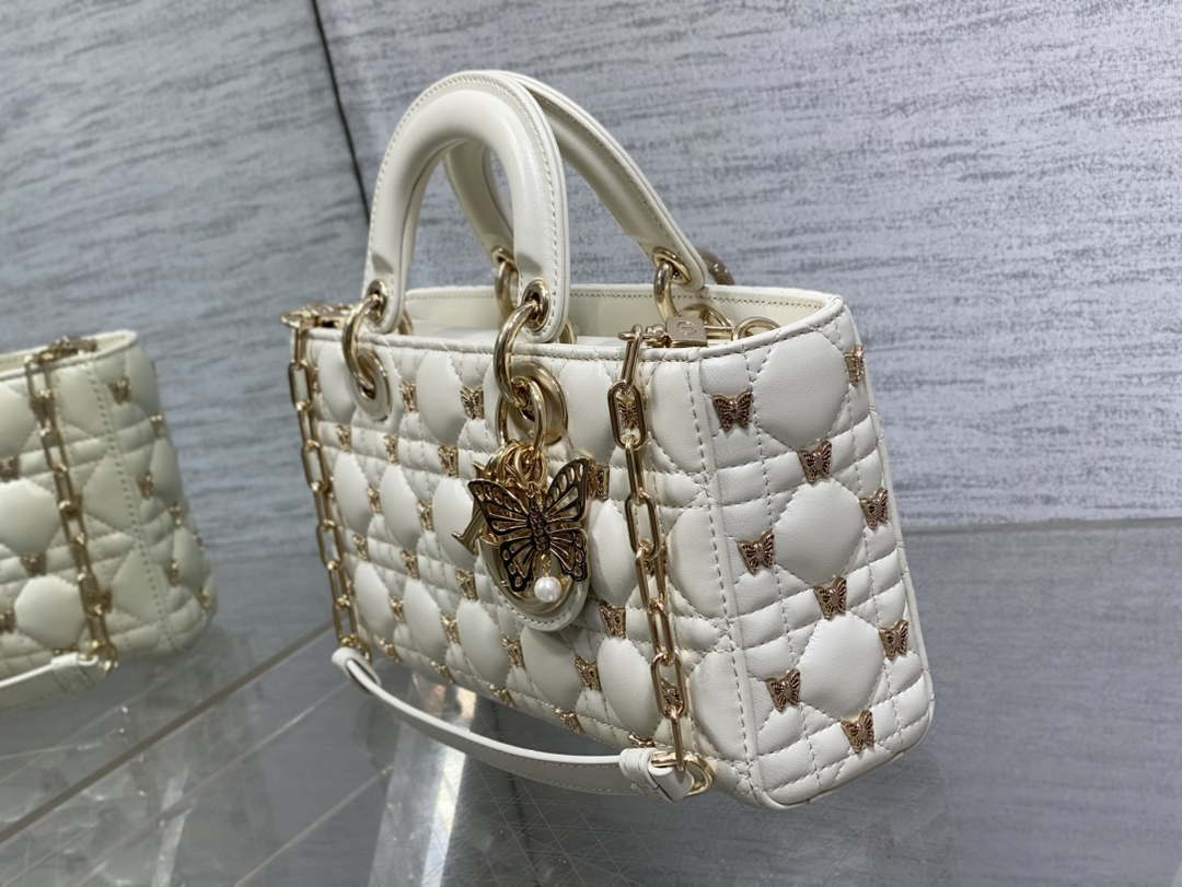 Dior M0540 Medium Lady D-Joy Bag  White Cannage Lambskin with Gold-Finish Butterfly Studs