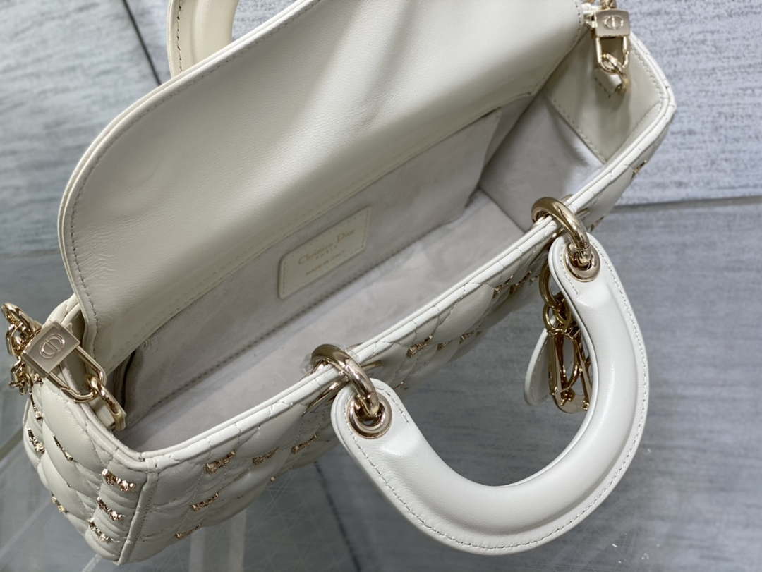 Dior M0540 Medium Lady D-Joy Bag  White Cannage Lambskin with Gold-Finish Butterfly Studs - Default Title - View 4