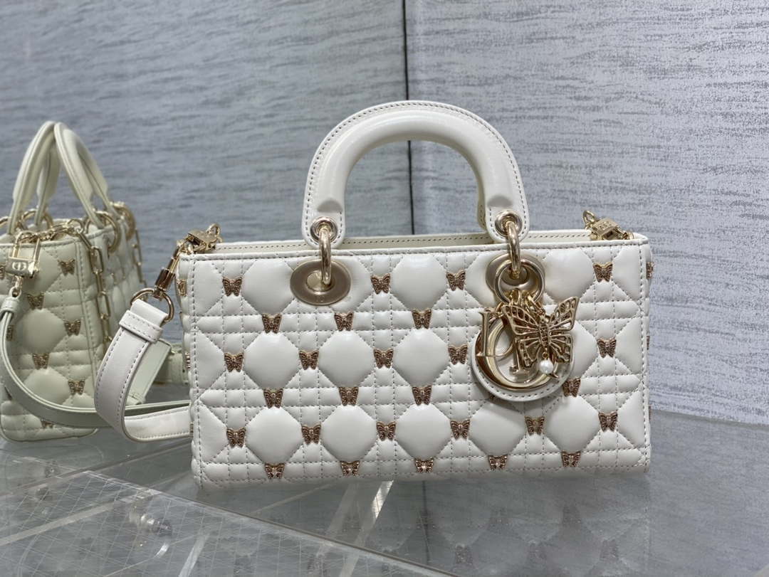 Dior M0540 Medium Lady D-Joy Bag  White Cannage Lambskin with Gold-Finish Butterfly Studs