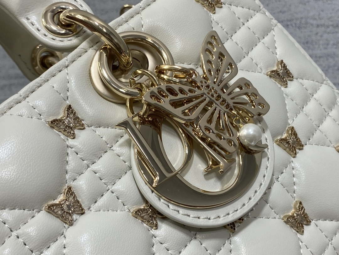 Dior M0540 Medium Lady D-Joy Bag  White Cannage Lambskin with Gold-Finish Butterfly Studs