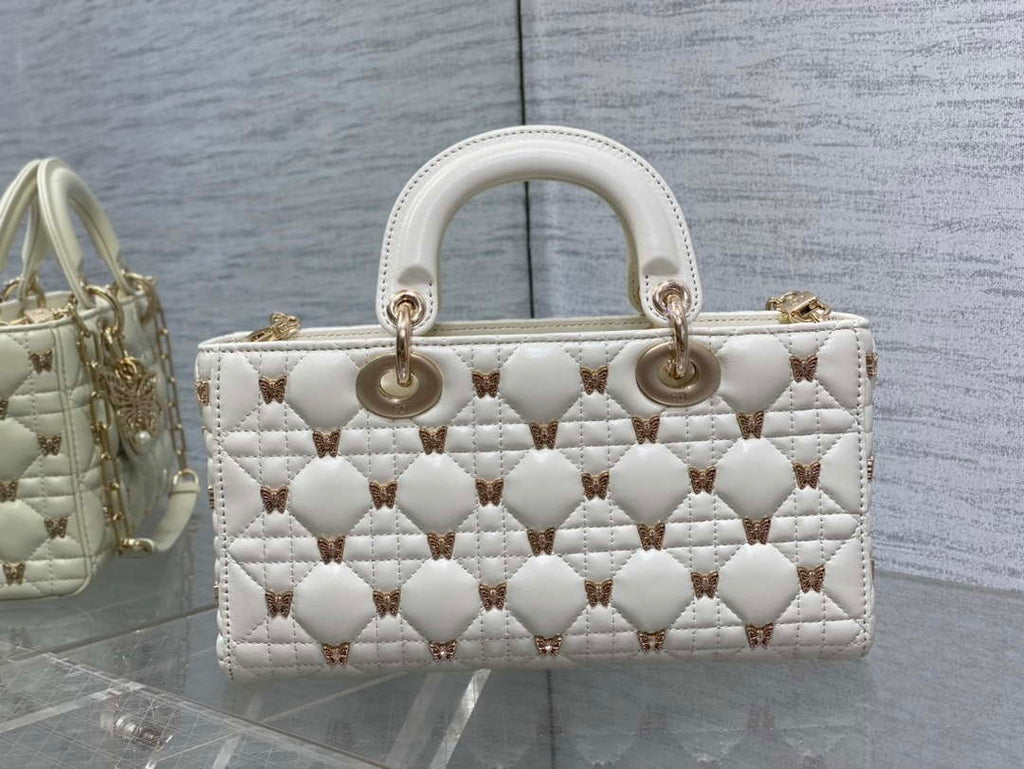 Dior M0540 Medium Lady D-Joy Bag  White Cannage Lambskin with Gold-Finish Butterfly Studs