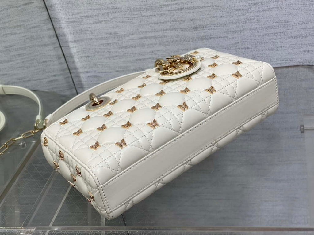 Dior M0540 Medium Lady D-Joy Bag  White Cannage Lambskin with Gold-Finish Butterfly Studs