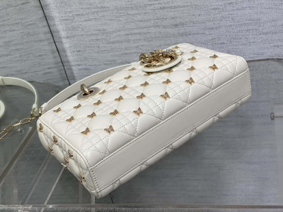 Dior M0540 Medium Lady D-Joy Bag  White Cannage Lambskin with Gold-Finish Butterfly Studs
