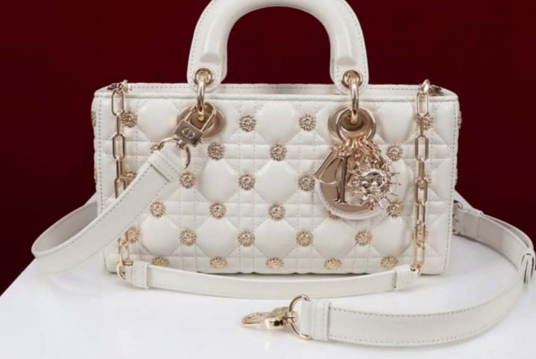 Dior M0540 Medium Lady D-Joy Bag White Cannage Lambskin with Gold-Finish Sun Studs - Default Title - View 1
