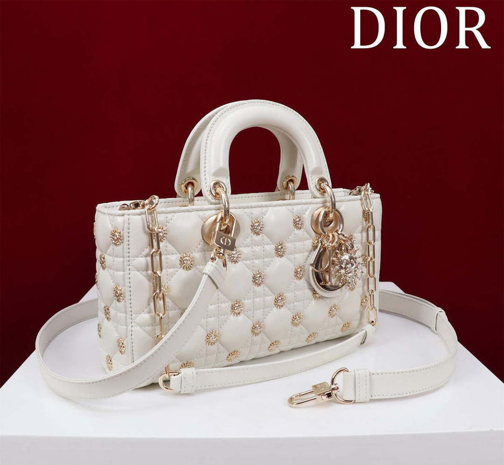 Dior M0540 Medium Lady D-Joy Bag White Cannage Lambskin with Gold-Finish Sun Studs