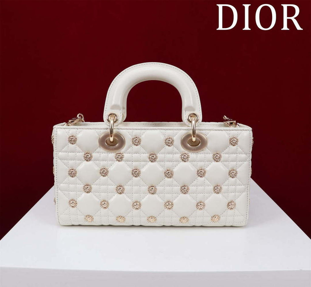 Dior M0540 Medium Lady D-Joy Bag White Cannage Lambskin with Gold-Finish Sun Studs