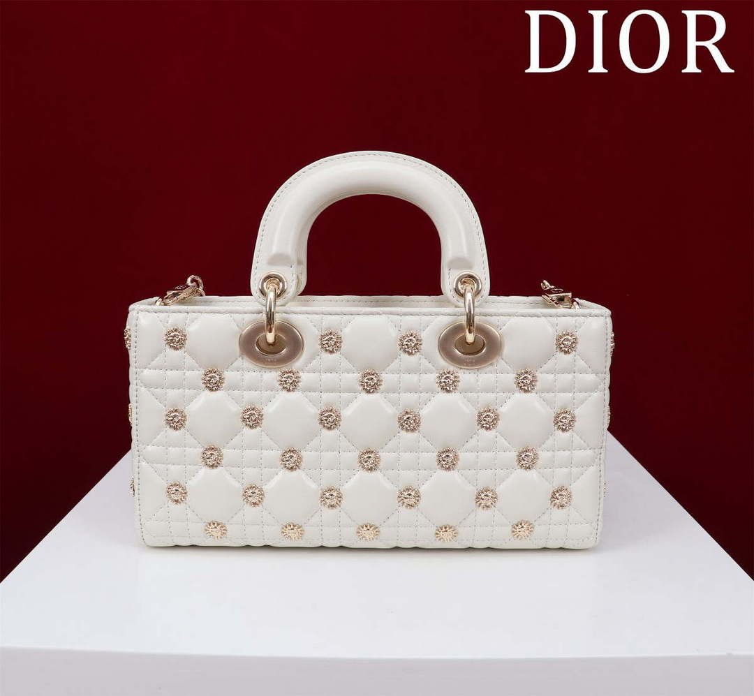 Dior M0540 Medium Lady D-Joy Bag White Cannage Lambskin with Gold-Finish Sun Studs