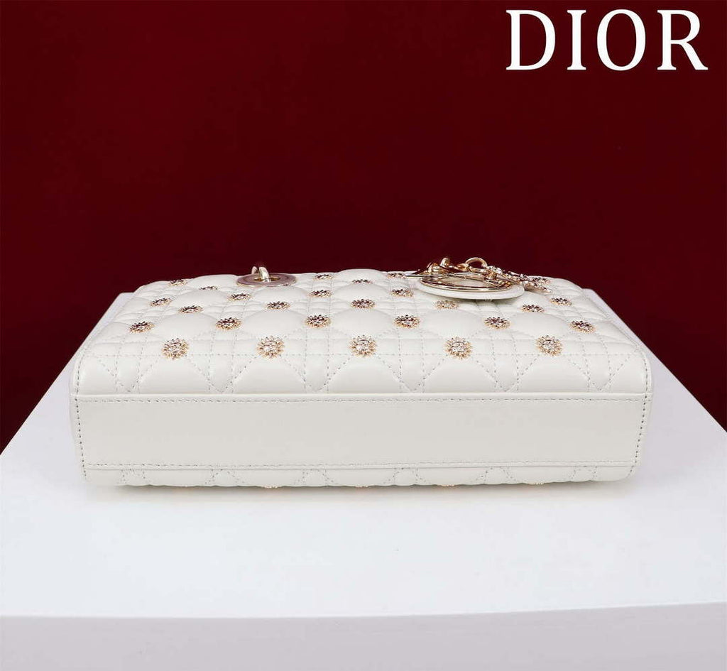 Dior M0540 Medium Lady D-Joy Bag White Cannage Lambskin with Gold-Finish Sun Studs