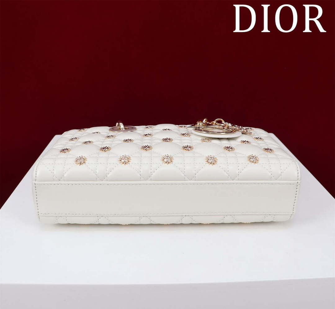 Dior M0540 Medium Lady D-Joy Bag White Cannage Lambskin with Gold-Finish Sun Studs