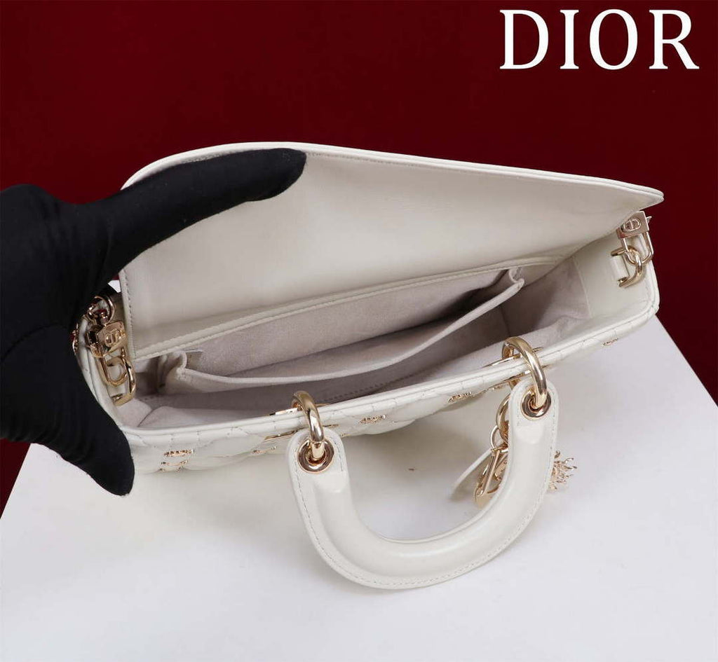 Dior M0540 Medium Lady D-Joy Bag White Cannage Lambskin with Gold-Finish Sun Studs