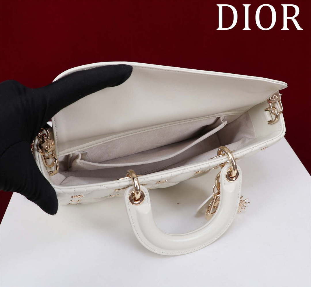 Dior M0540 Medium Lady D-Joy Bag White Cannage Lambskin with Gold-Finish Sun Studs