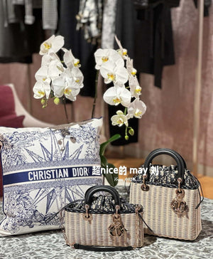 Dior M0540 Medium Lady Dior Bag D-joy Natural Wicker navy Blue Dior Oblique Jacquard - Default Title - View 2