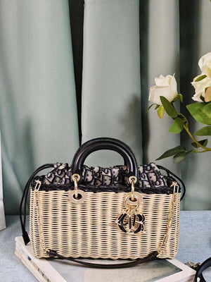 Dior M0540 Medium Lady Dior Bag D-joy Natural Wicker navy Blue Dior Oblique Jacquard - Default Title - View 1