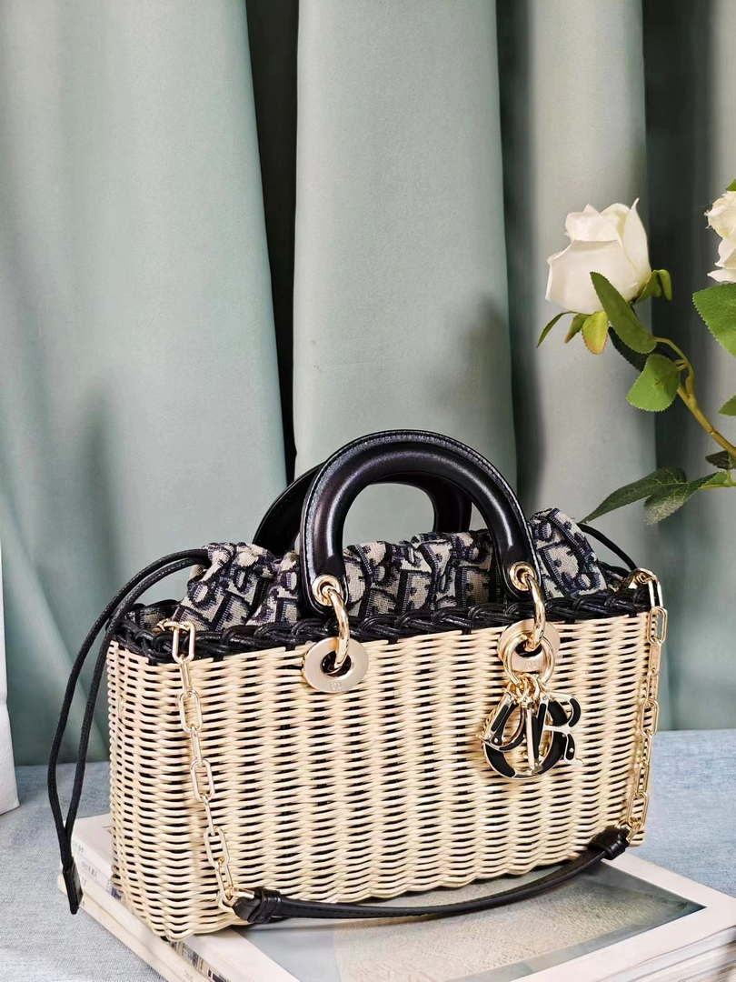 Dior M0540 Medium Lady Dior Bag D-joy Natural Wicker navy Blue Dior Oblique Jacquard - Default Title - View 3