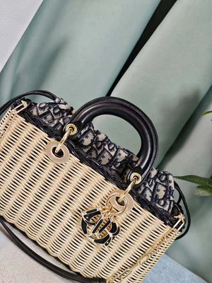 Dior M0540 Medium Lady Dior Bag D-joy Natural Wicker navy Blue Dior Oblique Jacquard - Default Title - View 4