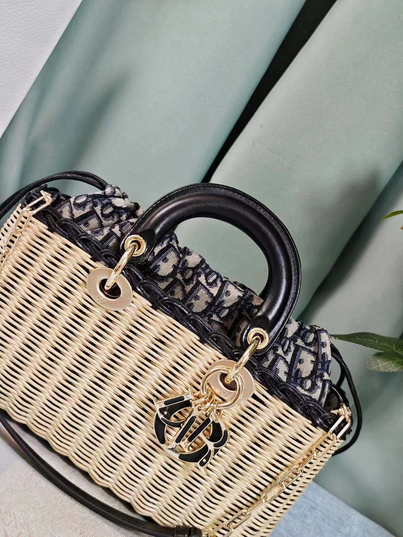 Dior M0540 Medium Lady Dior Bag D-joy Natural Wicker navy Blue Dior Oblique Jacquard - Default Title - View 4