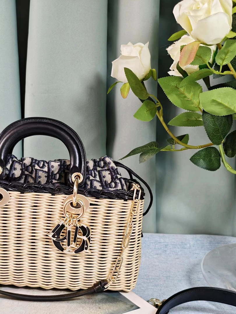 Dior M0540 Medium Lady Dior Bag D-joy Natural Wicker navy Blue Dior Oblique Jacquard - Default Title - View 5