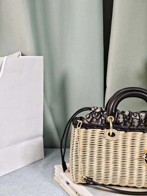 Dior M0540 Medium Lady Dior Bag D-joy Natural Wicker navy Blue Dior Oblique Jacquard - Default Title - View 6